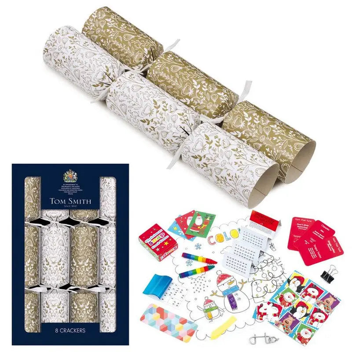 Tom Smith 8 Family Christmas Crackers 31cm / 12 Inch - 4 Colours Available - White & Gold