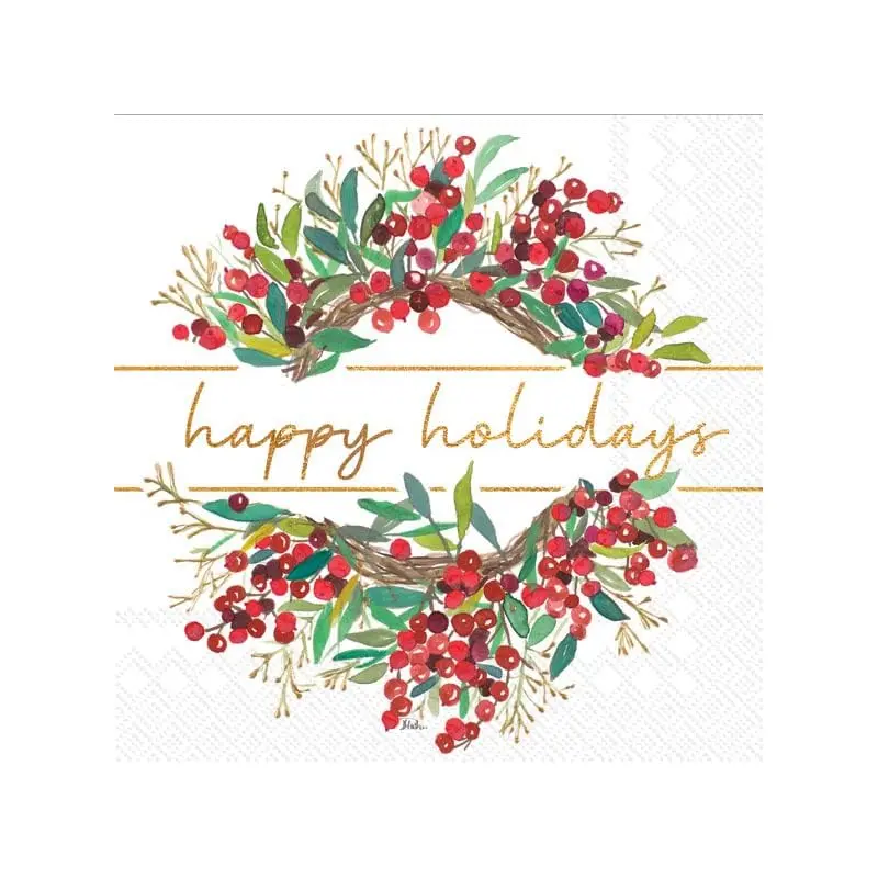 Cocktail Napkins Disposable 3-Ply Paper Party Napkin Pack, 5" x 5", Happy Holidays Wreath, 20-Count
