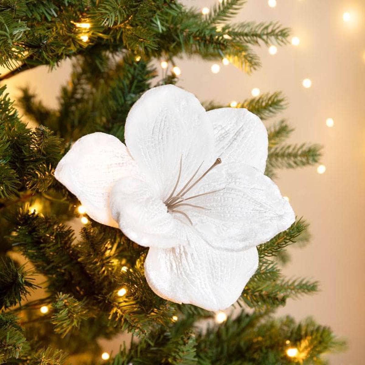 White Velvet Amaryllis Clip Decoration - 14cm
