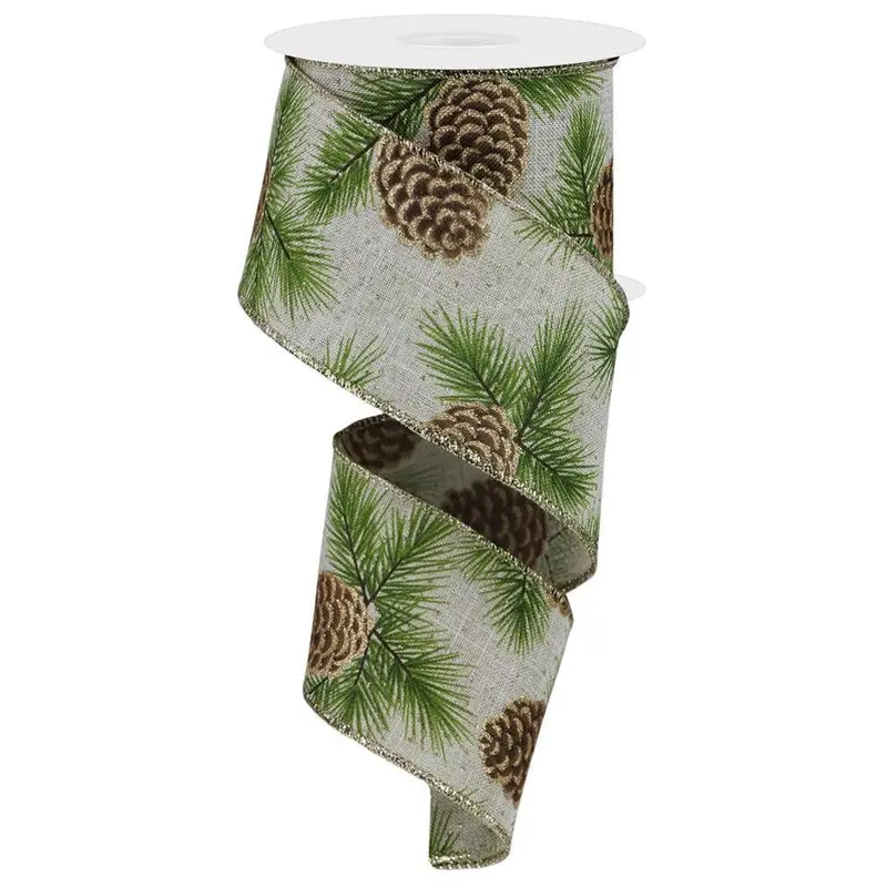 10 Yards of Pine Cones & Pine Needles Royal Burlap Ribbon