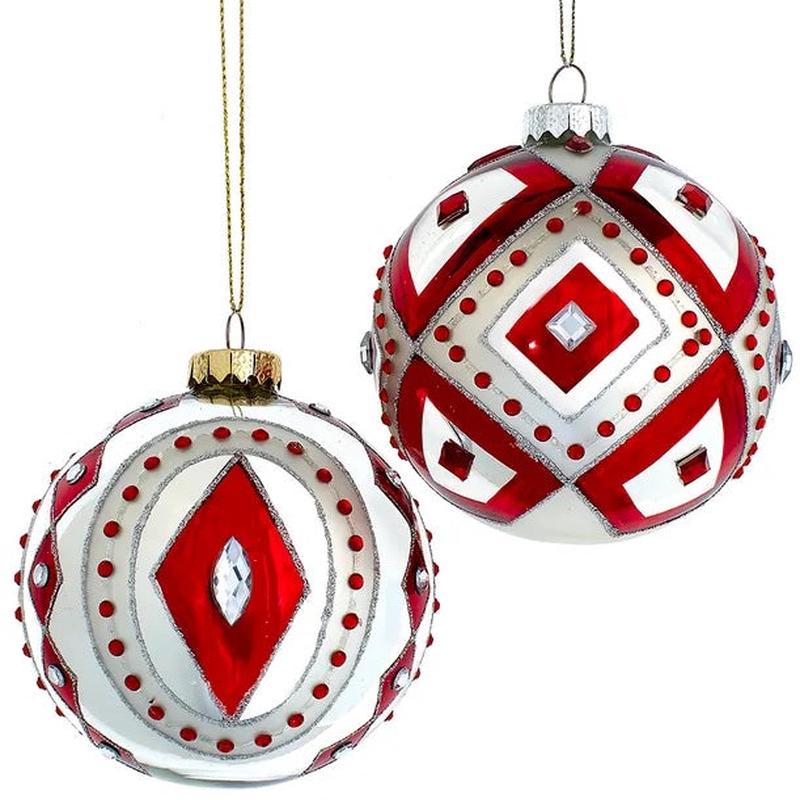100MM Glass Red & Silver Ball Ornament with Gemstones