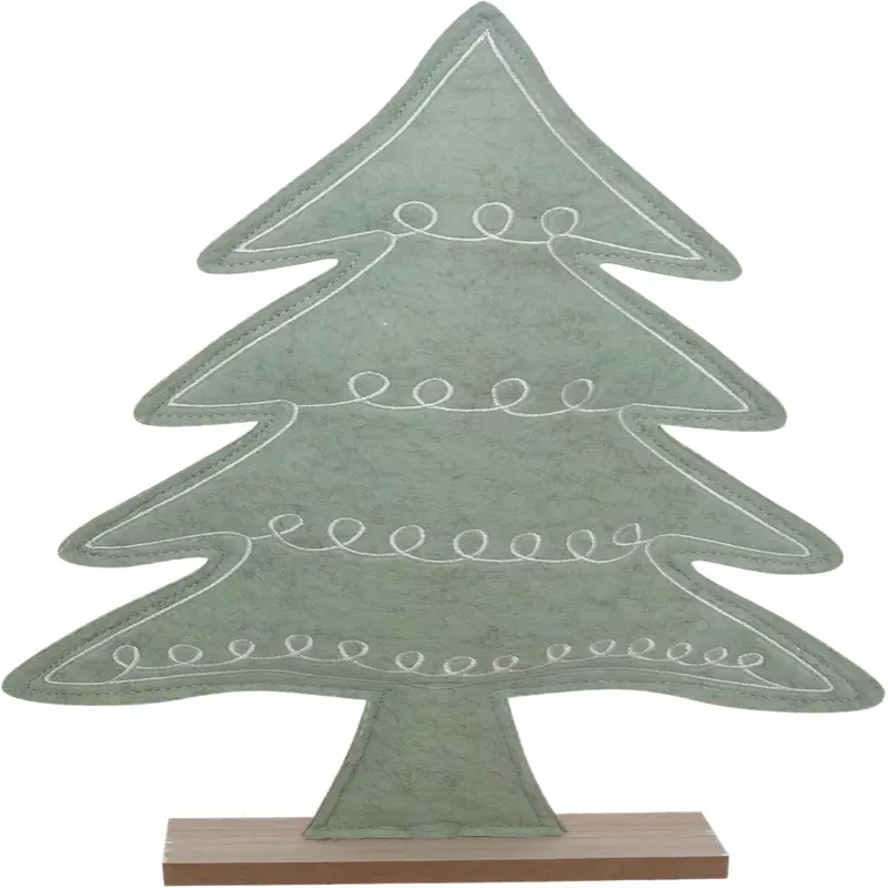 Felted Christmas Tree Winter Holiday Decorations for Home, 15.5", Green Felted Tree with Swirl Stitching