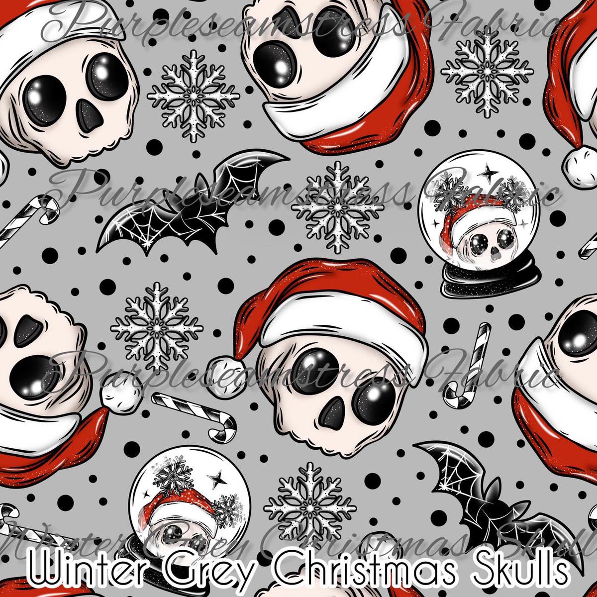 Winter Grey Christmas Skulls  Fabric