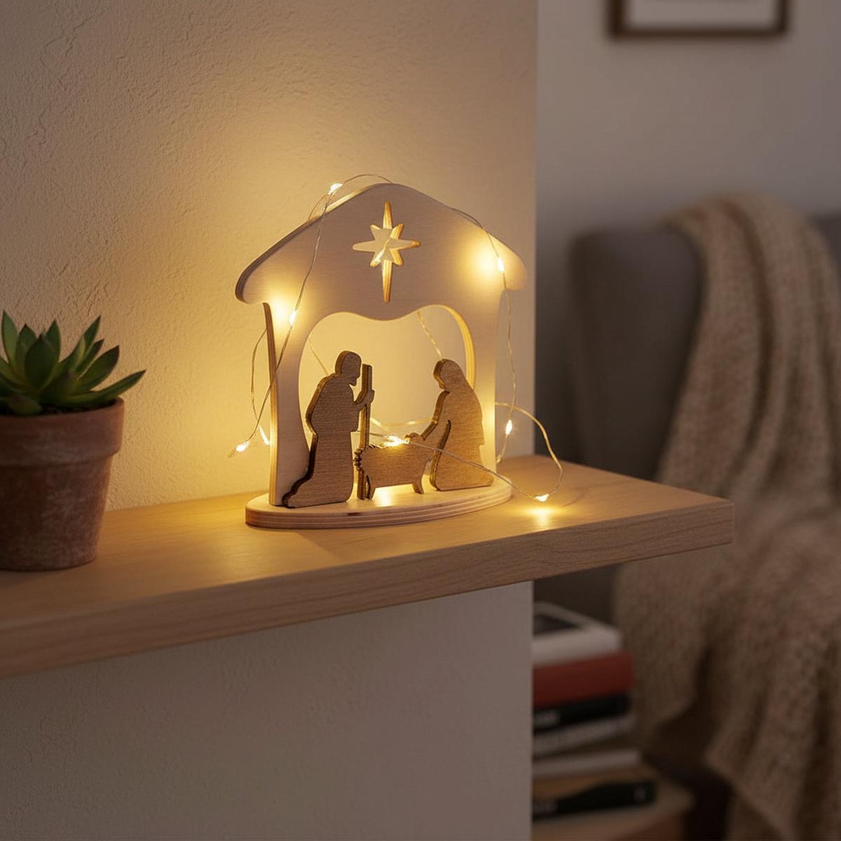 Wooden Manger Scene, One-Piece Nativity Set for Mantel or Shelf for Kids Room