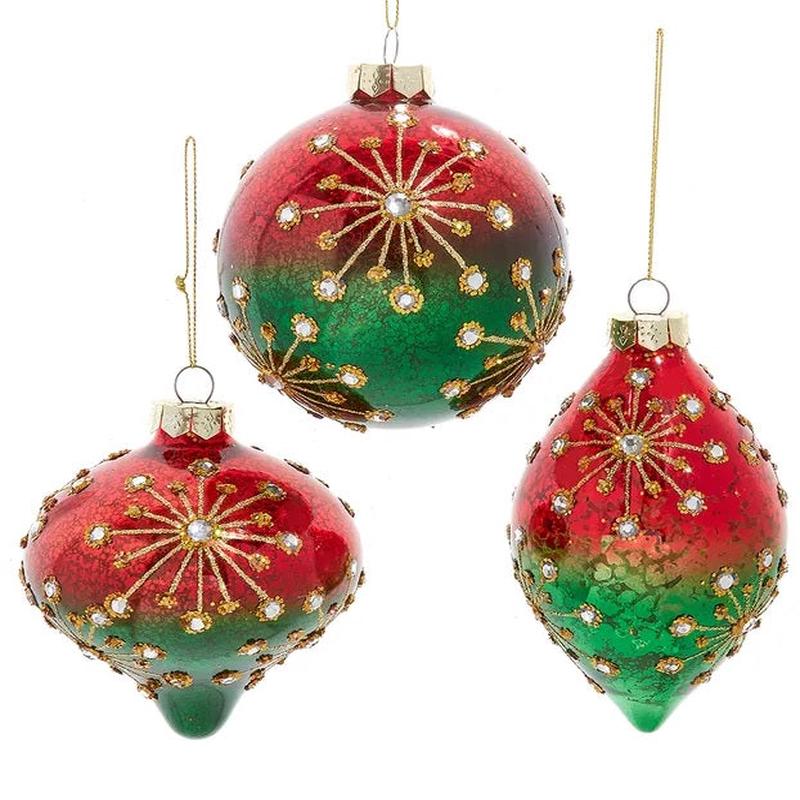 100MM Red, Green & Gold Glass Ornament