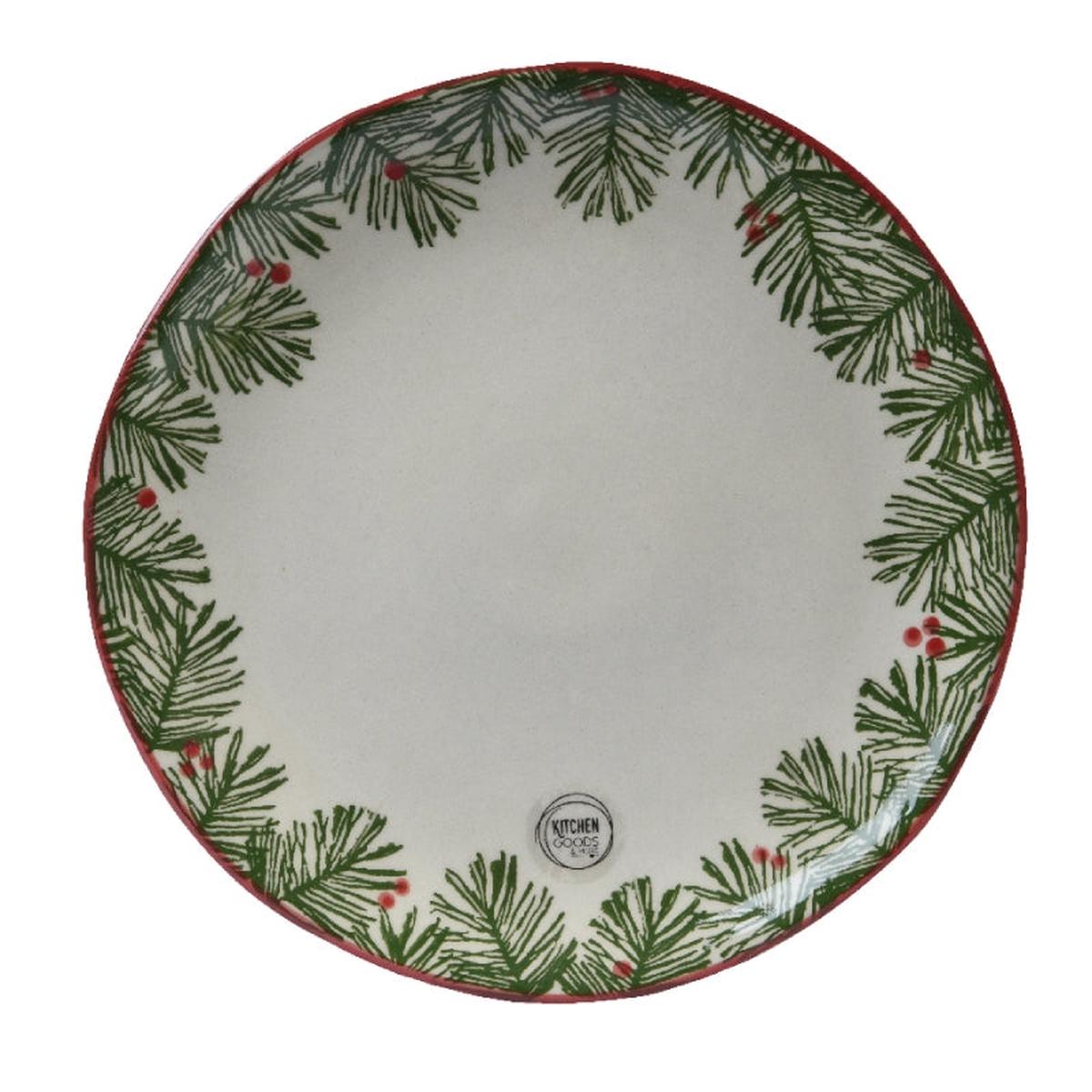 White Terracotta Flat Plate with Christmas Tree Branches, 28cm in diameter