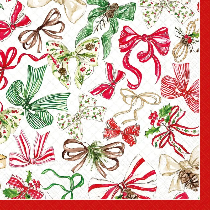 Party Napkins Disposable 3-Ply Paper Lunch Napkin Pack, 6.5" x 6.5", Christmas Bows, 20-Count