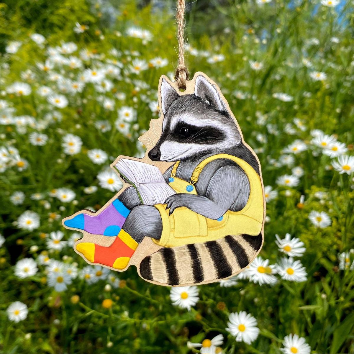 Reading Raccoon Wood Print Ornament