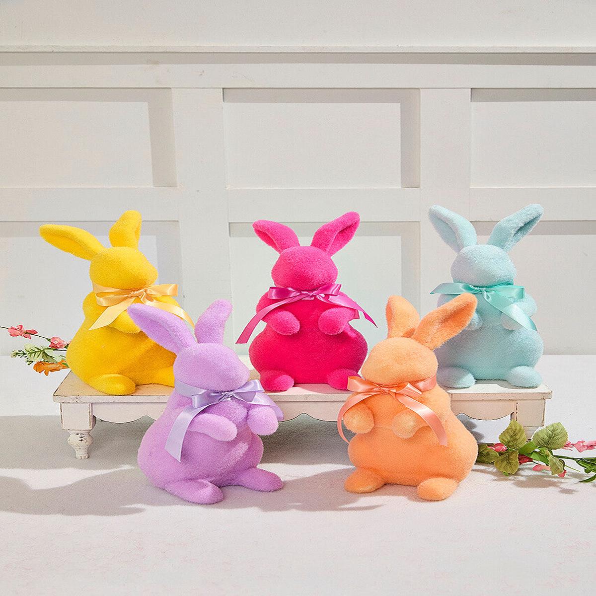 11" Flocked Easter Bunny Spring Decor with Soft Fuzzy Finish and Bow Accent