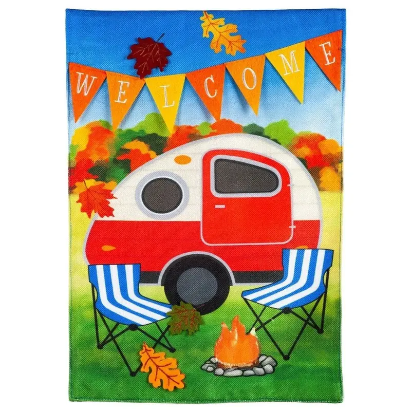 Fall Camper Burlap Boutique Garden Flag