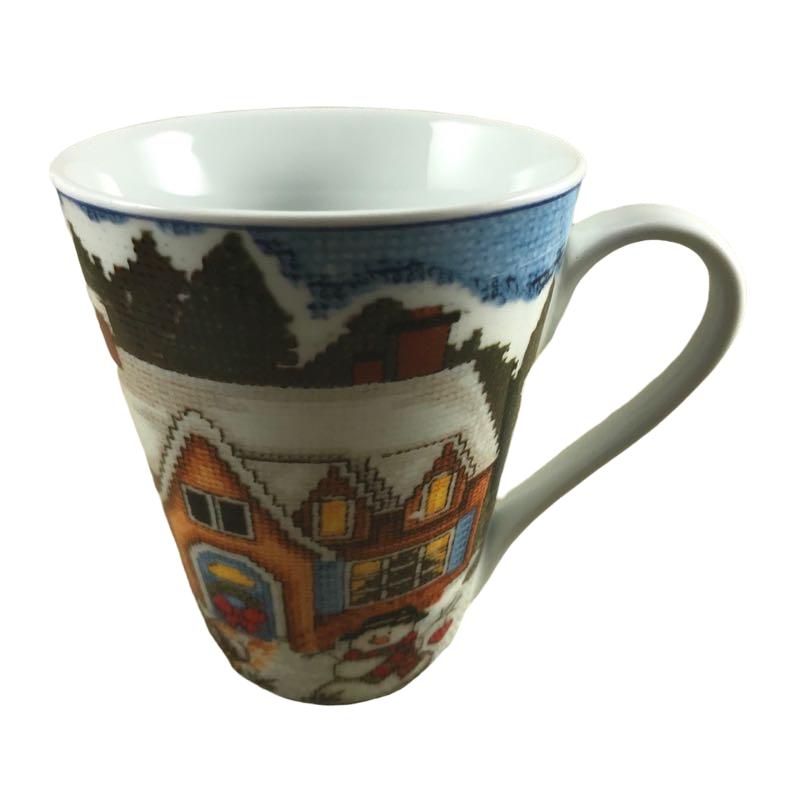 Cottage Rabbits Snowman Birds Christmas Mug Lillian Vernon