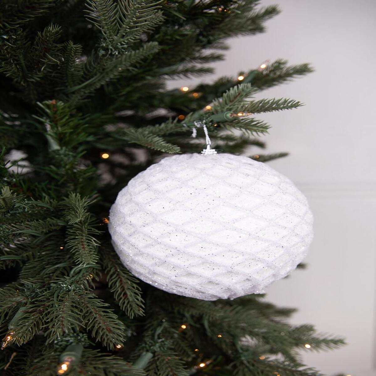 6" White Glittered Net Ball Ornament  Frosted Holiday Texture Accent