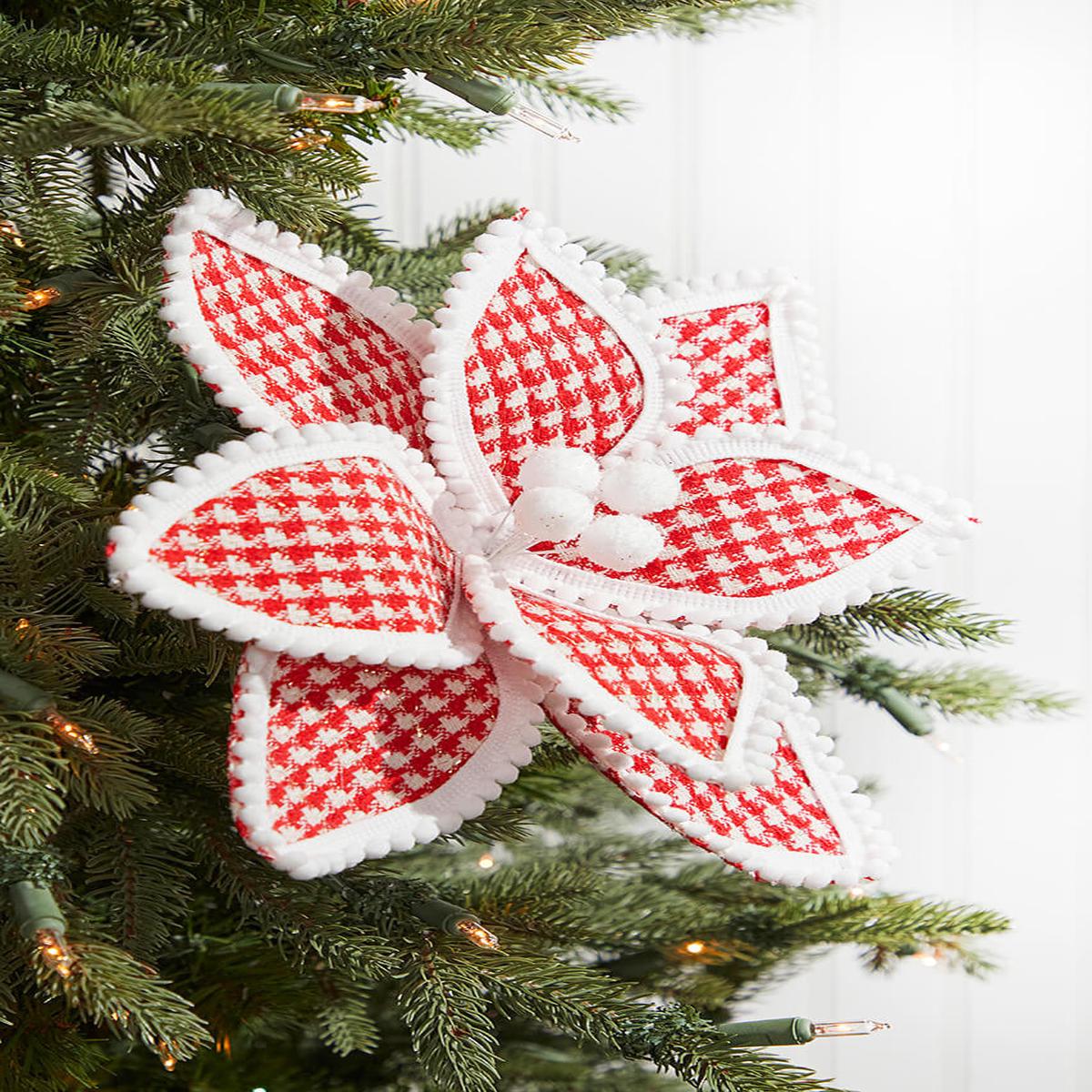 19" Red & White Polka Dot Poinsettia Stem  Festive Peppermint Holiday Flower