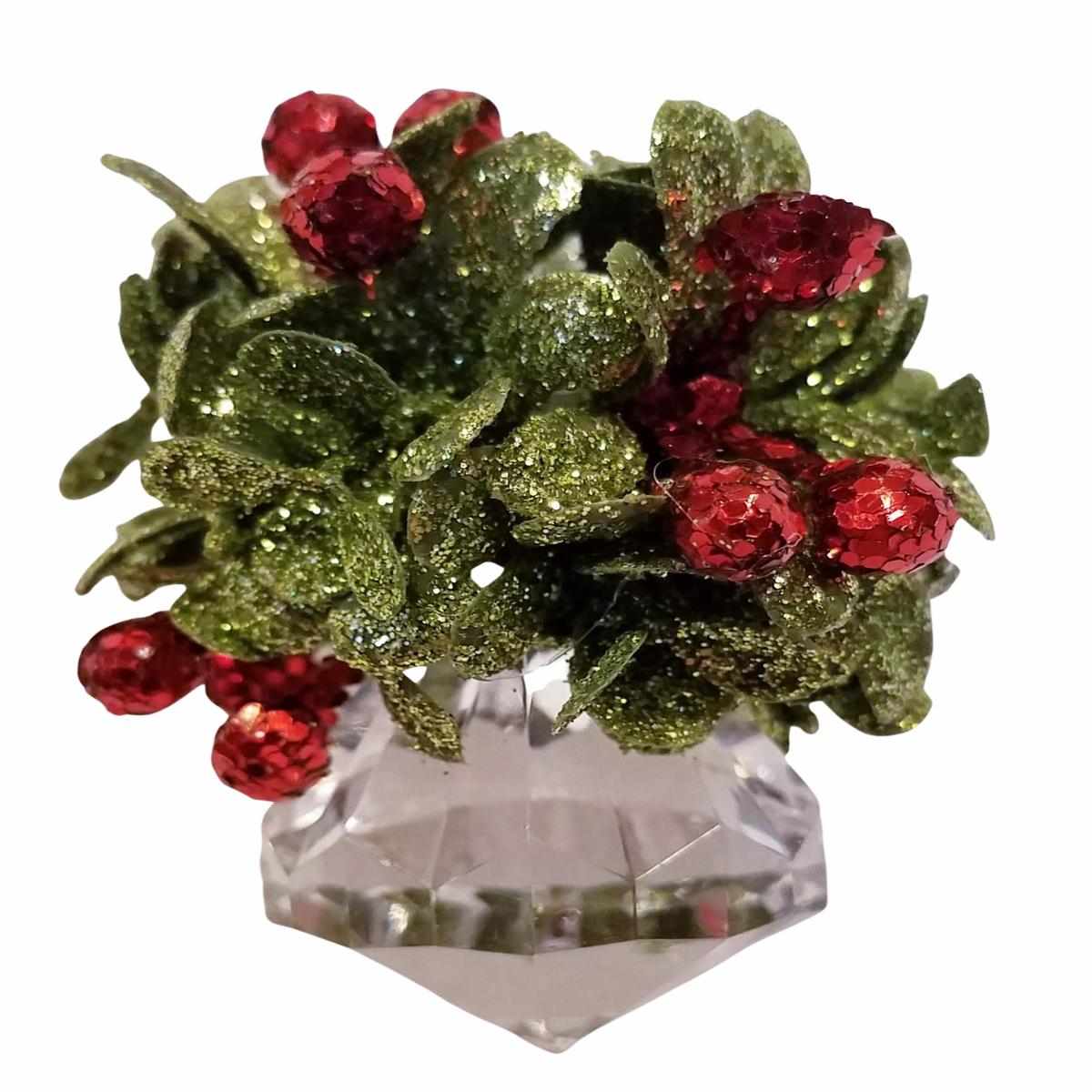 Acrylic Crystal Ornament with Greenery & Red Berries 2.5 "