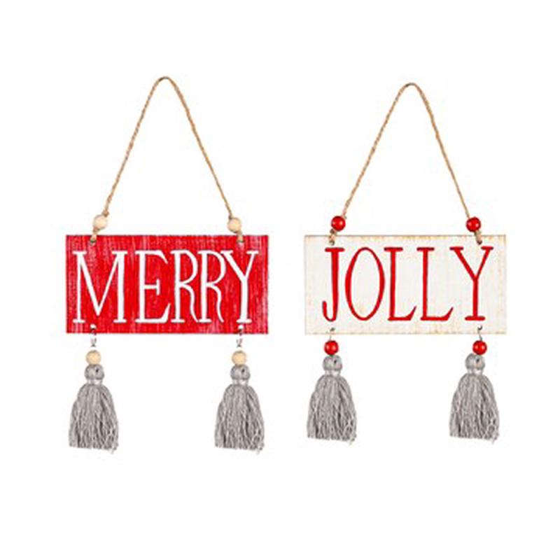Wood Sentiment Ornament with Tassels, 2 Asst: Jolly/Merry