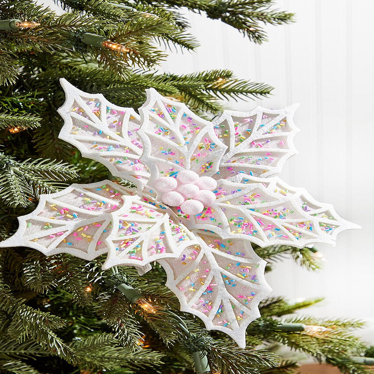 22" White Confetti Poinsettia Stem  Whimsical Glitter Holiday Floral Accent