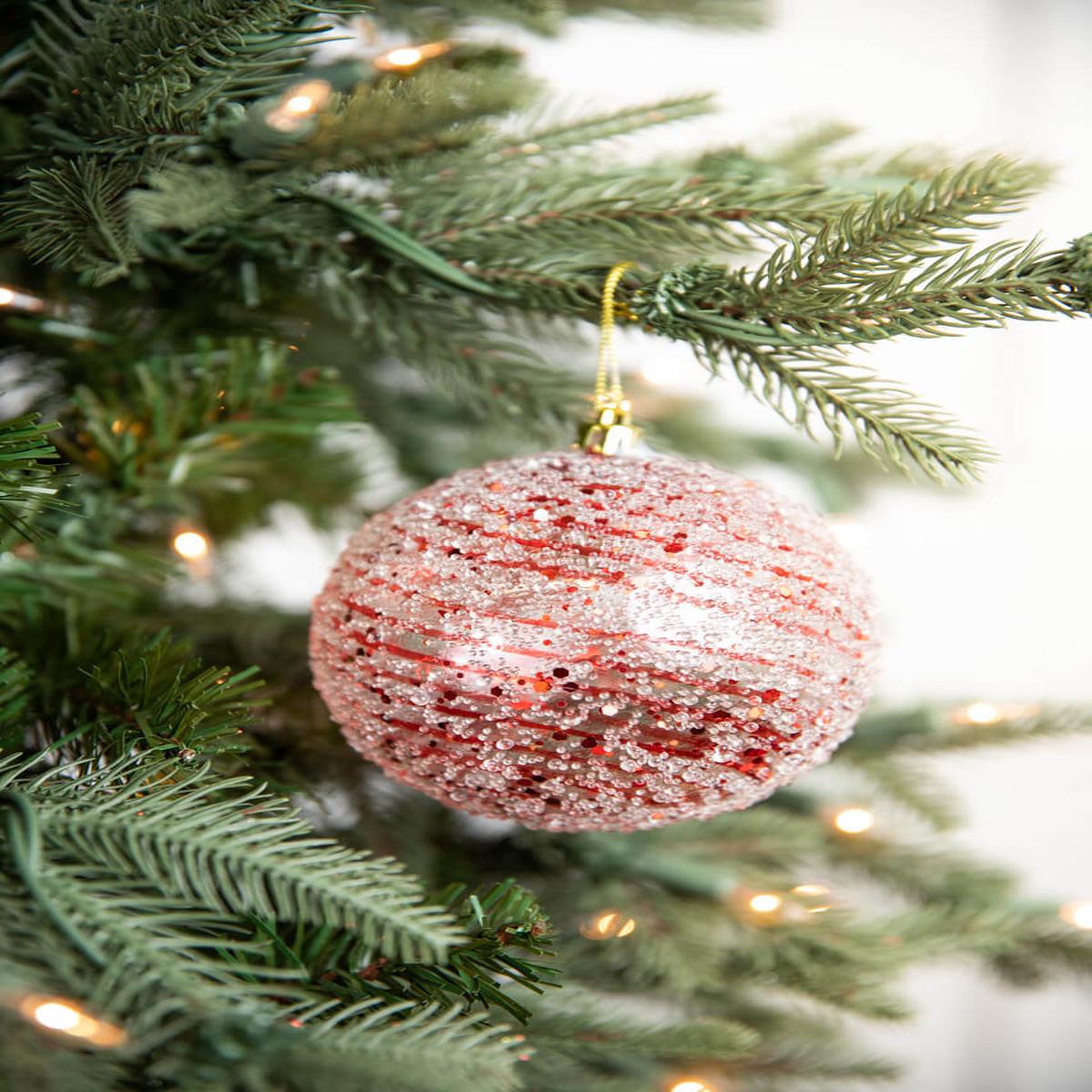 4 Red Clear Swirl Iced Ball Ornament  Elegant Peppermint Holiday Accent