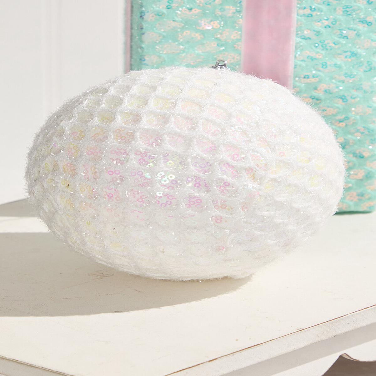 6" White Mesh Ball Ornament Christmas Decor with Iridescent Glitter Finish for Tree Wreath and Holiday Displays