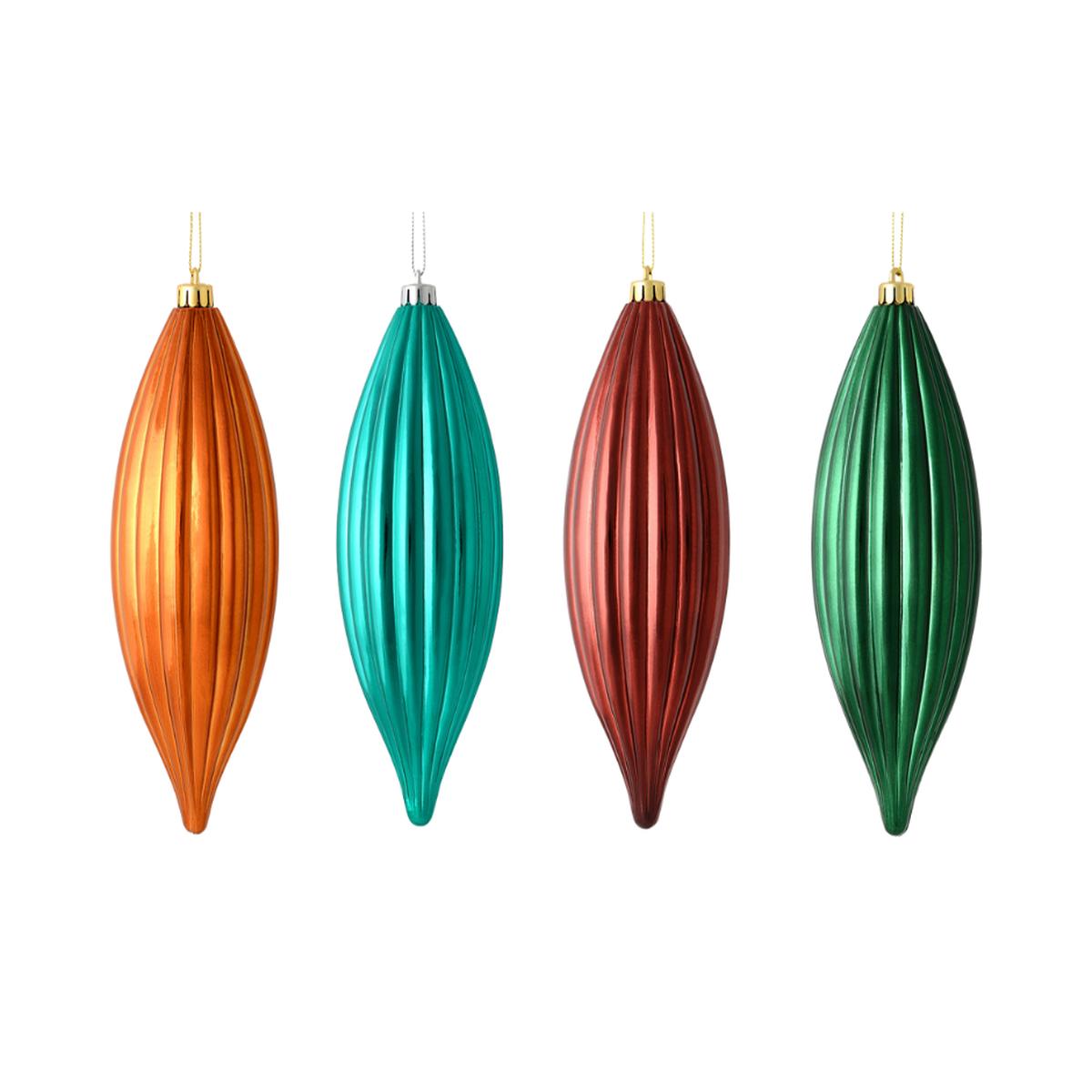 8" -- Matte & Shiny - Drilled Line Finial Christmas Ornaments  Various Colors -- 4 Pack by Vickerman