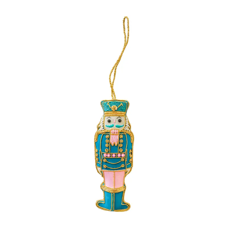 Blue and Pink Embroidered Nutcracker Christmas Ornament