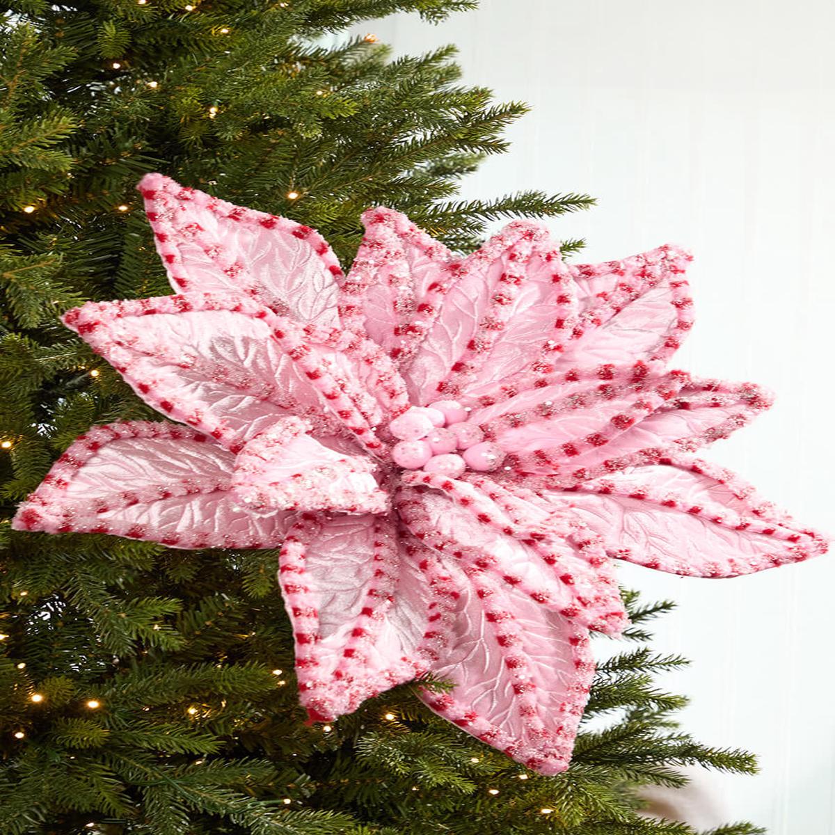 30 InchGiant Candy Snow Glitter Poinsettia Stem Pink and Red Christmas Decorative Floral Stem
