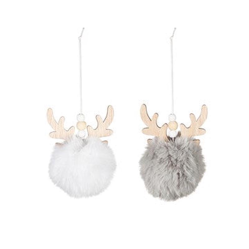 4.75" Round Fuzzy Deer Ornament, 2 Assorted