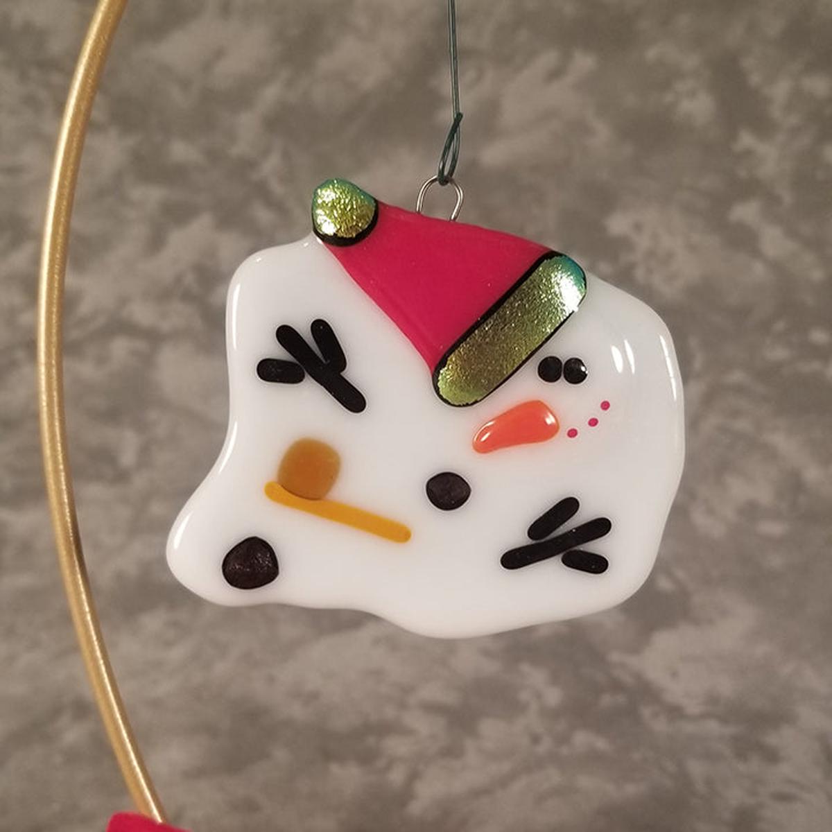 Adorable Vegas Melted snowman ornament red hat, fused glass, bauble quirky
