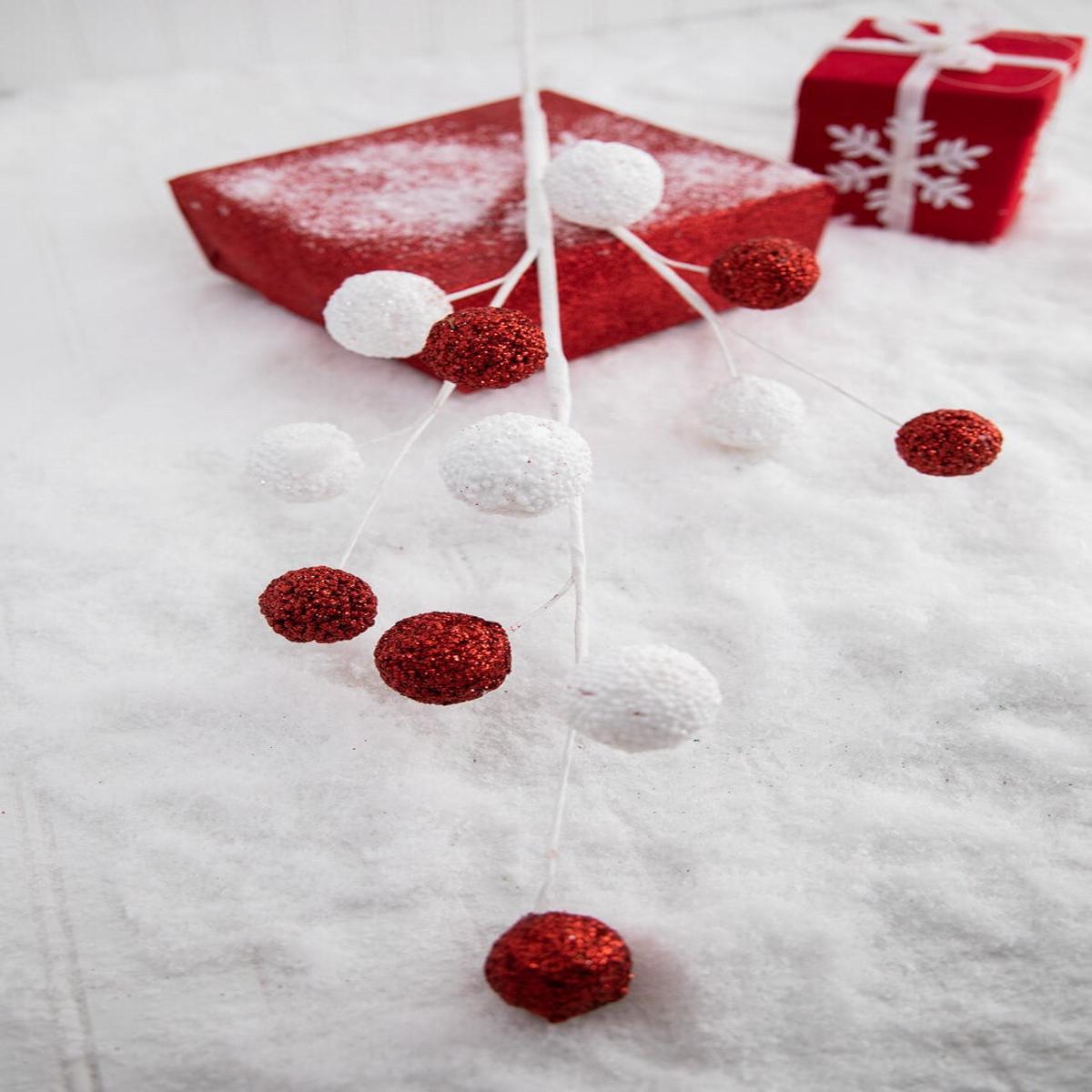30 White & Red Ball Stem  Sparkling Holiday Decorative Spray