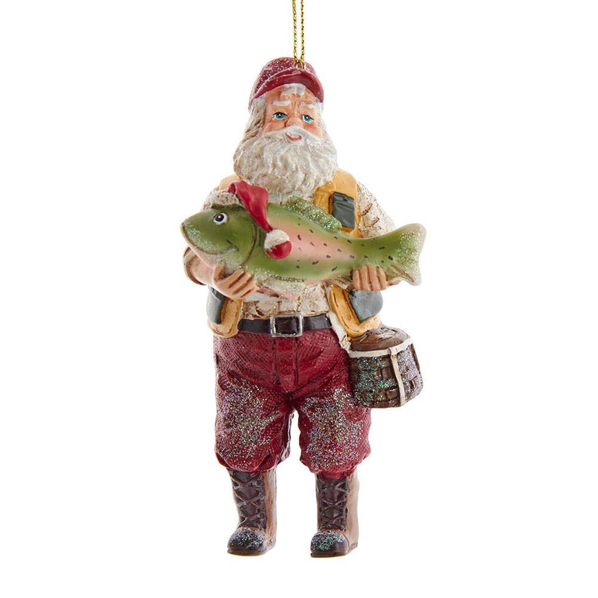 4.5"FISHING SANTA W/BIG FISH ORNAMENT
