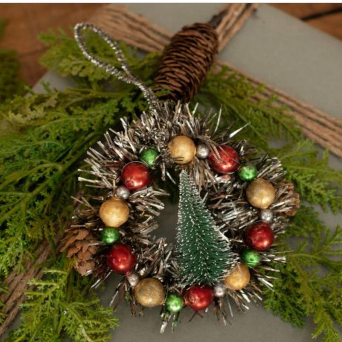 BEAD & TINSEL wreath with TREE ORNAMENT Vintage Inspired by Ragon House