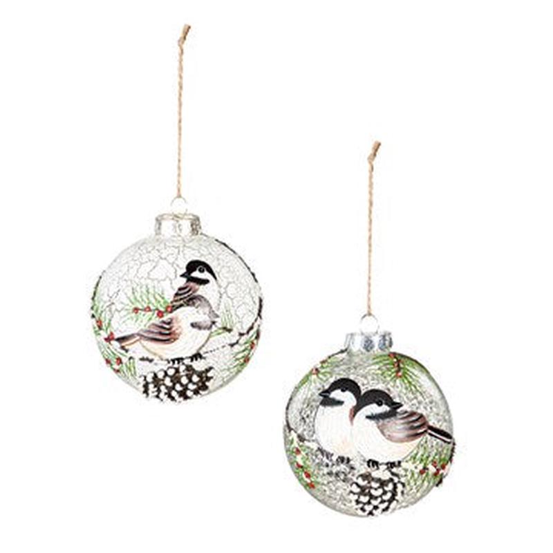 4" Glass Round Snowbird Ornament, 2 Asst.