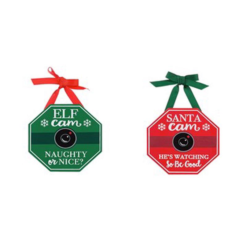 Wood Ornament with Bow, 2 Asst: Elf Cam/Santa Cam
