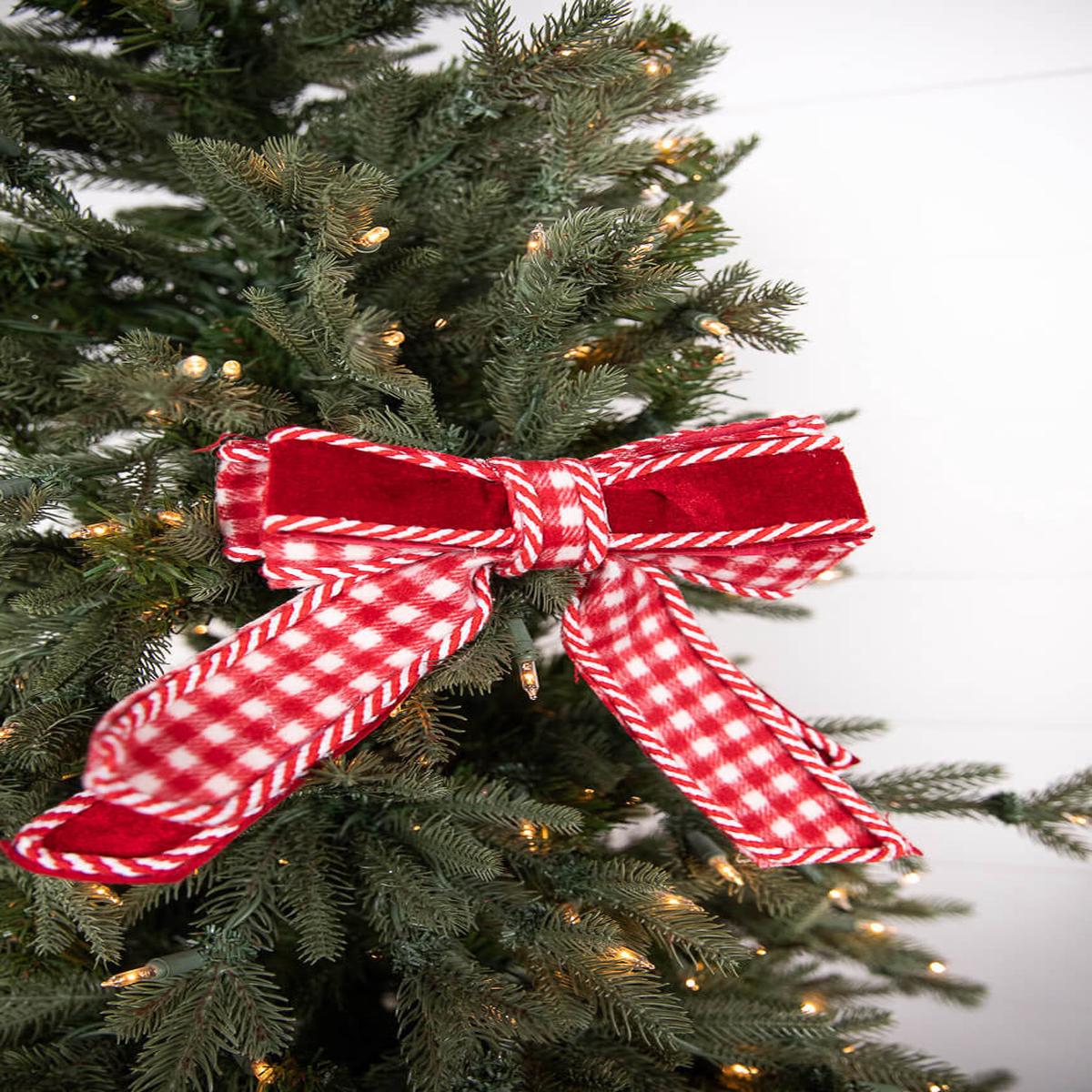 8" Red and White Plaid Bow Christmas Tree Decor with Classic Check Pattern and Double Layer Design