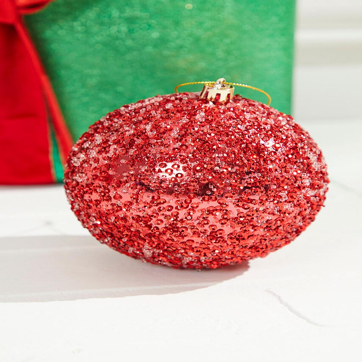 4" Red Beaded Metallic Ball Ornament  Classic Festive Holiday Decor