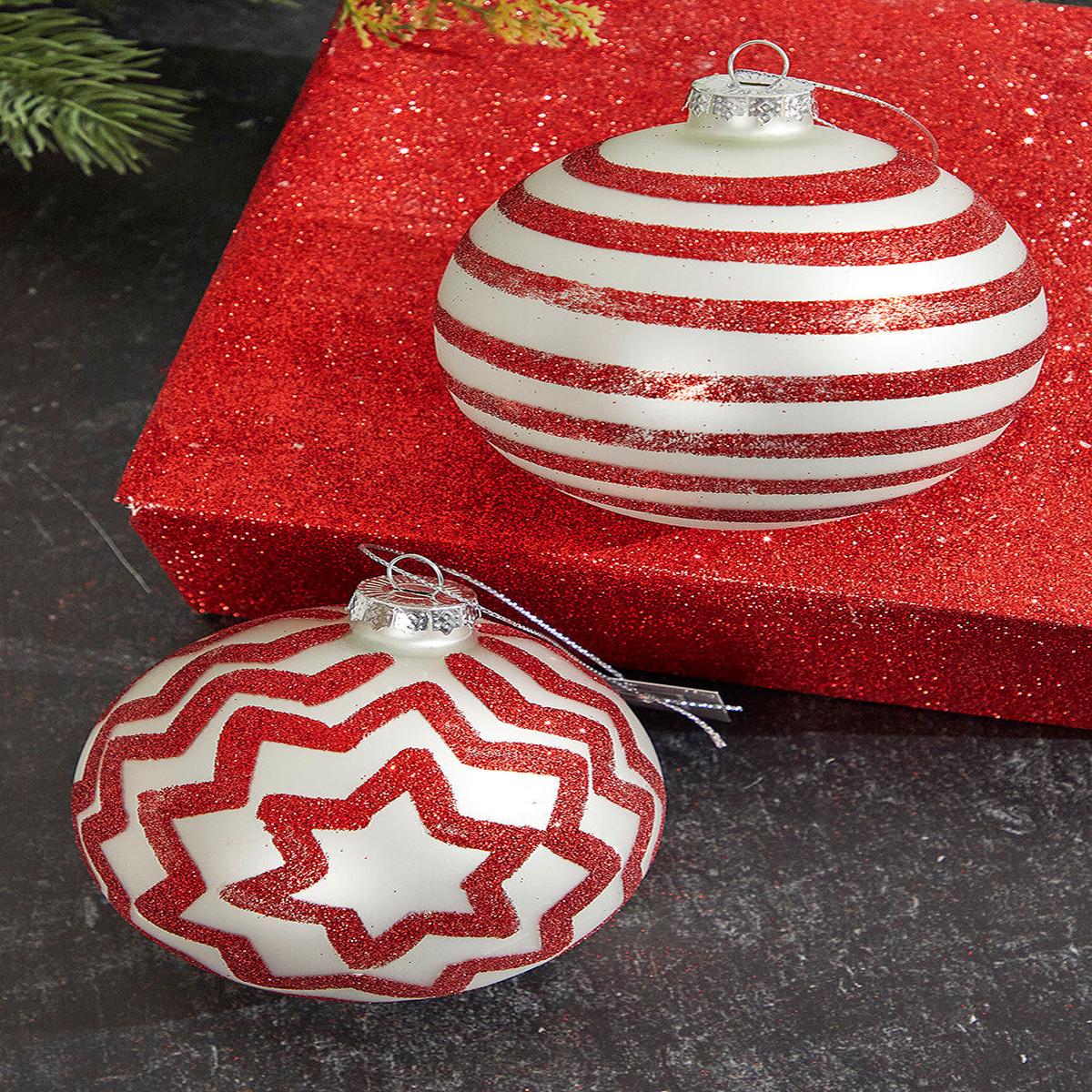 4" Red Stripes / Zig Zag Glass Ball Ornament  Festive Handcrafted Holiday Decor