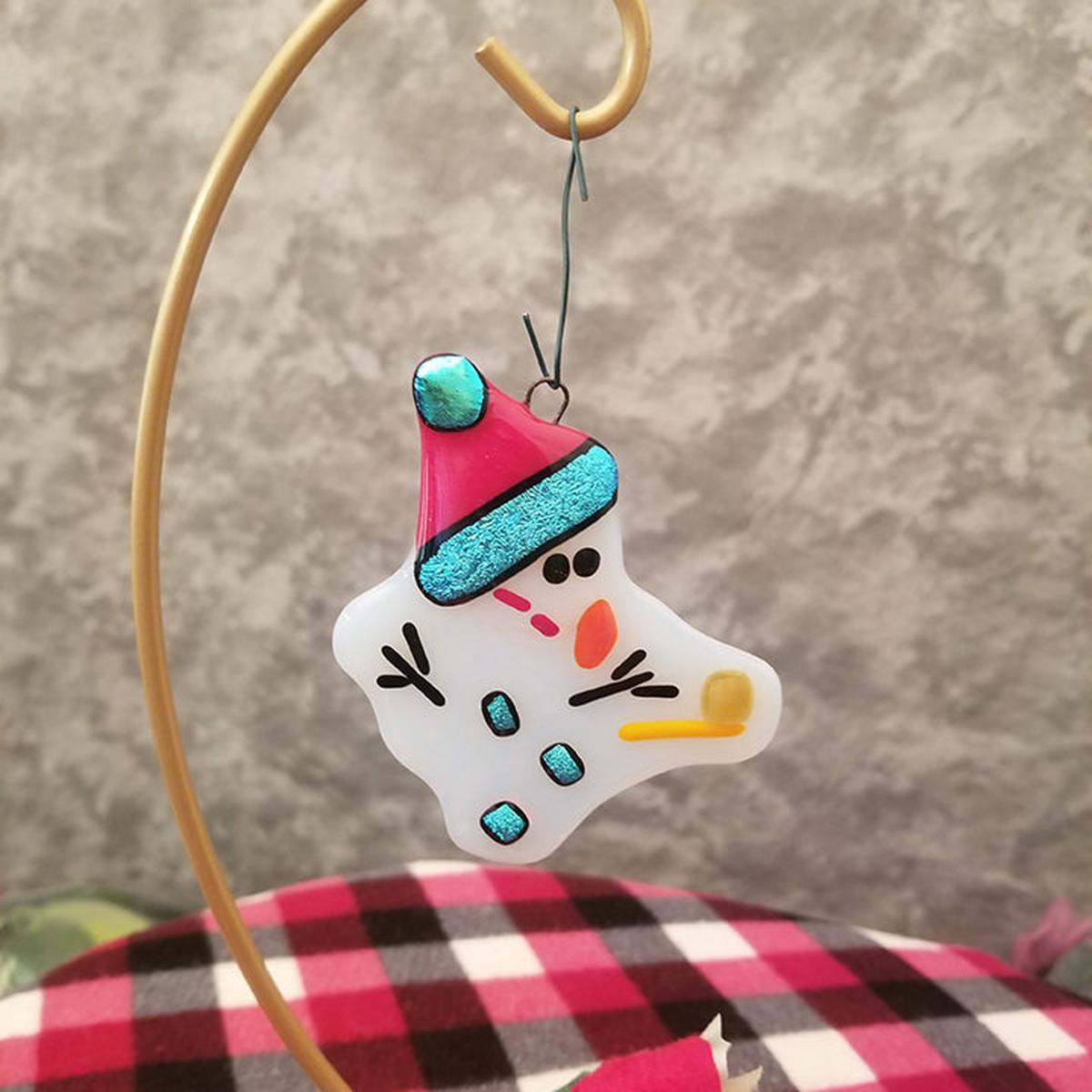 Bah Humbug melted Snowman fused glass ornament red hat dichroic glass #christmas #treedecoration # snowman
