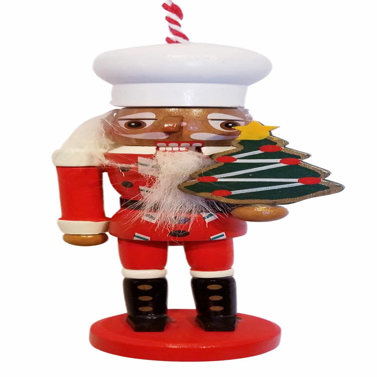 Wooden Gingerbread Chef Nutcracker Ornament Holding Christmas Tree  6"