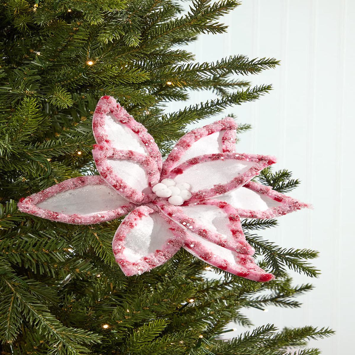 22 Pink & White Candy with Snowglitter Poinsettia Stem  Whimsical Holiday Floral Accent