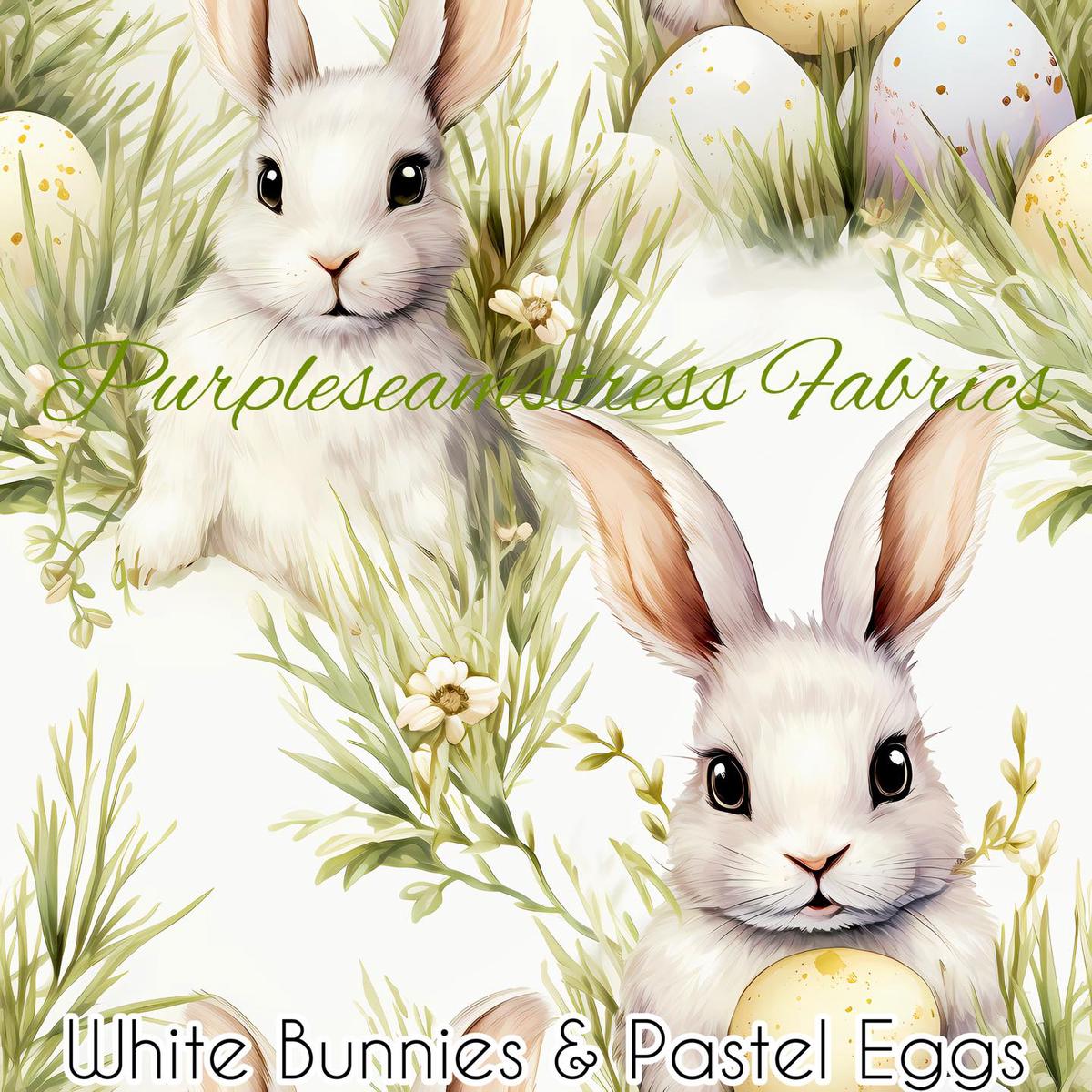 White Bunnies & Pastel Eggs  Fabric