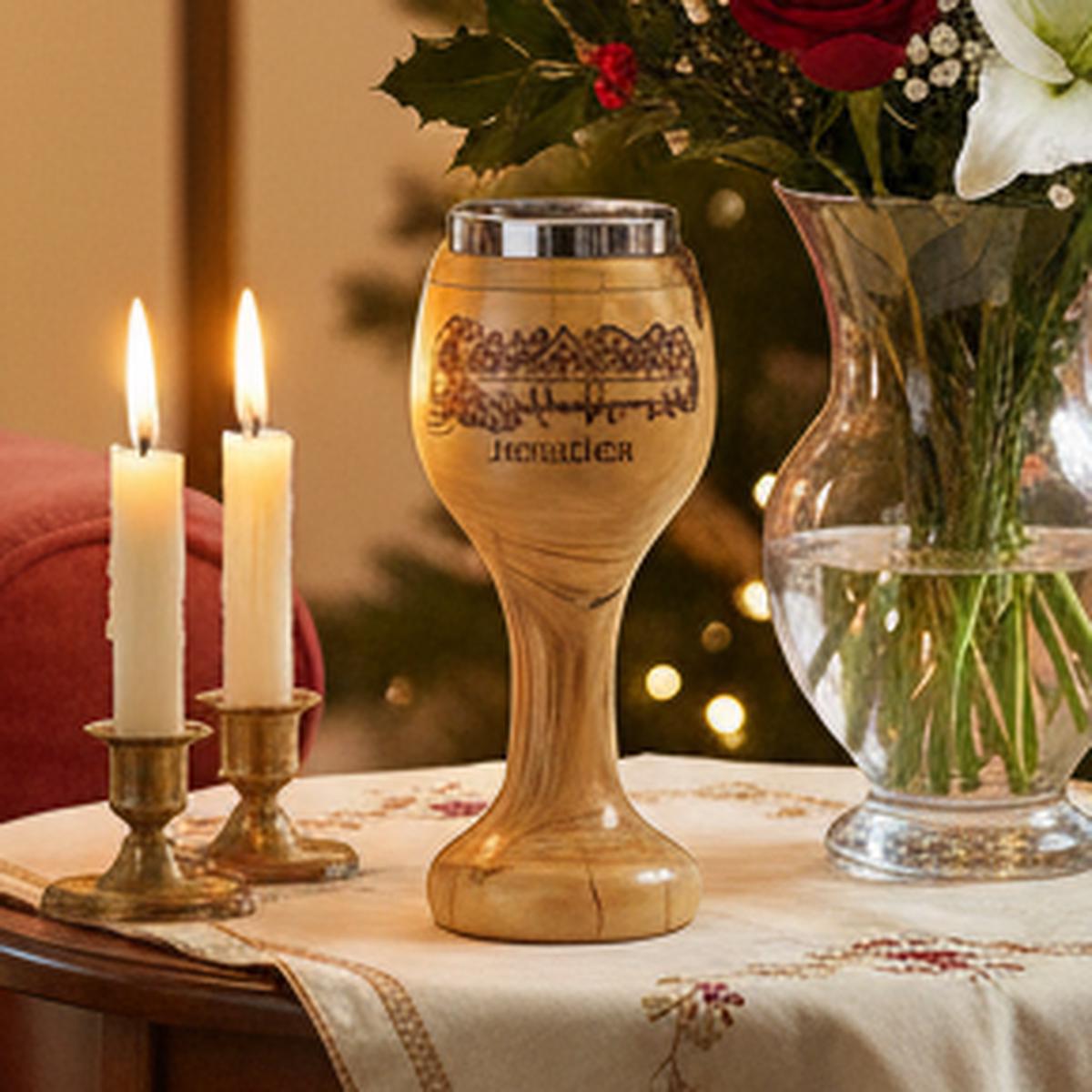 Wooden Chalice, Lord's Last Supper and Jerusalem Cross Engraved
