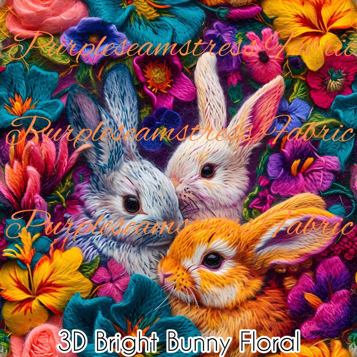 3D Bright Bunny Floral  Fabric
