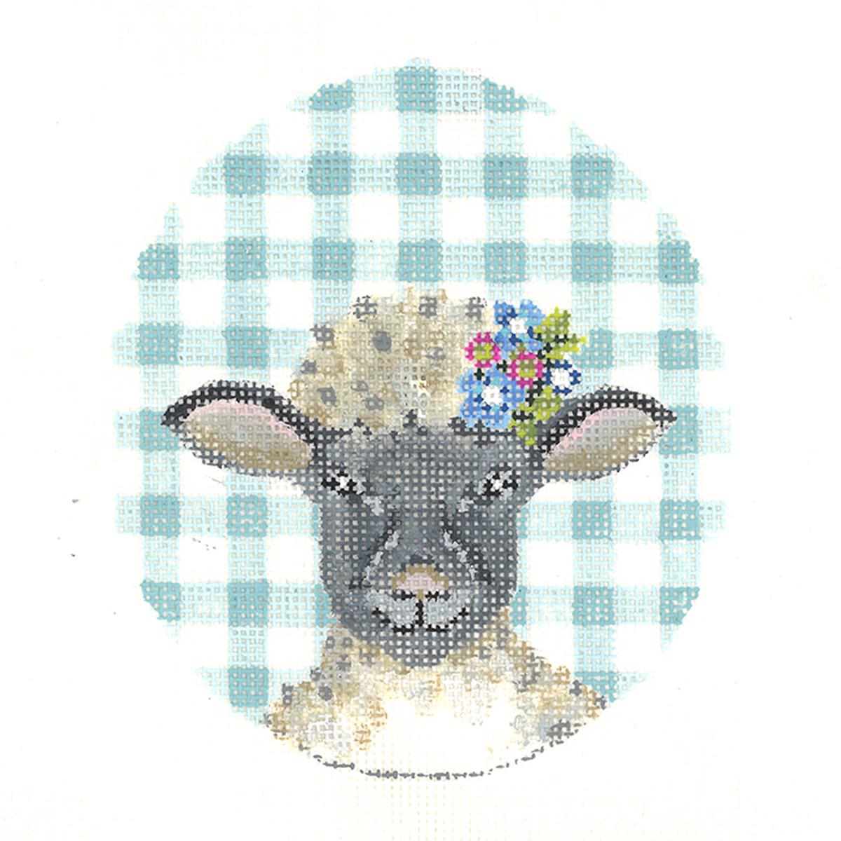Black Lamb with Flower Crown on Aqua Gingham