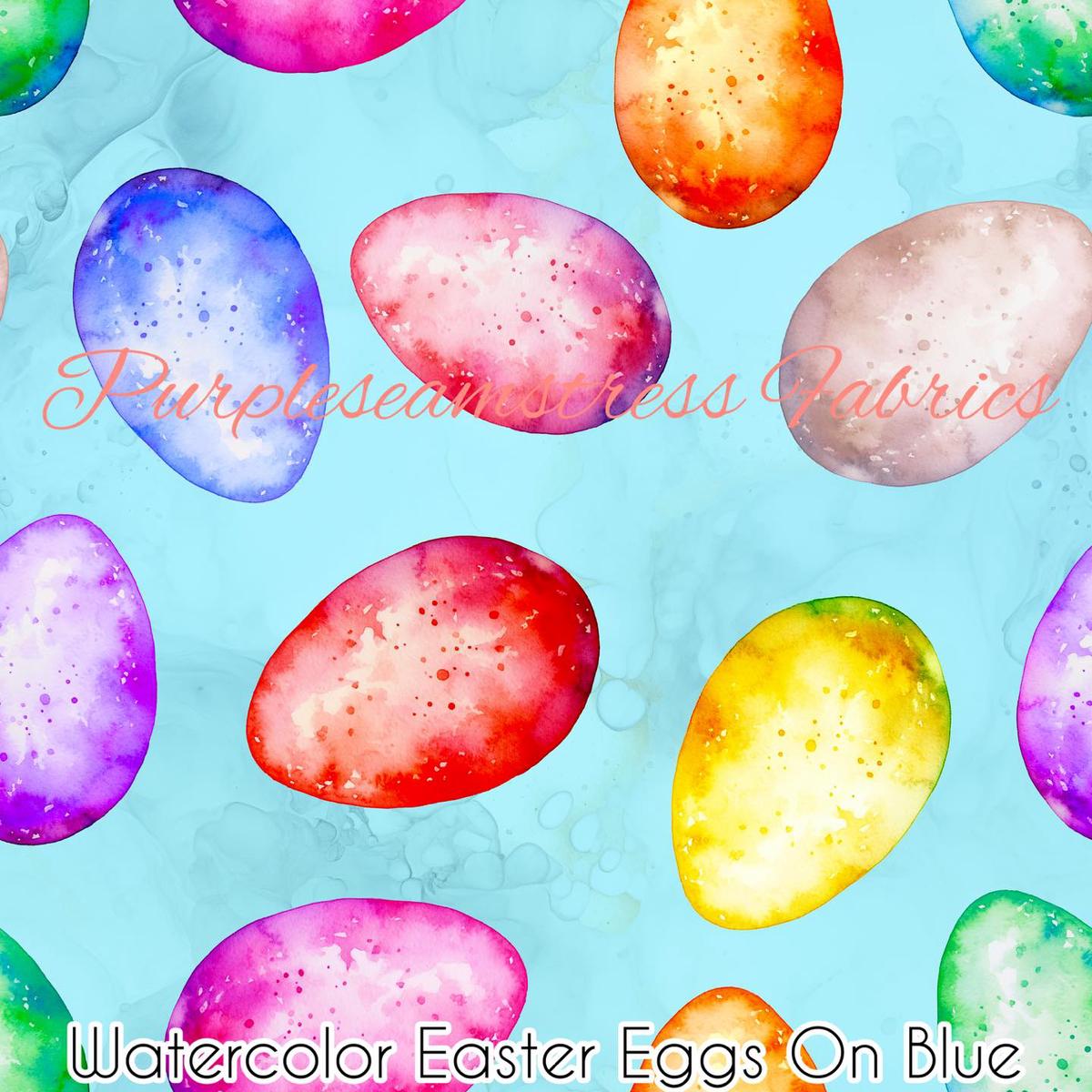 Watercolor Easter Eggs on Blue  Fabric