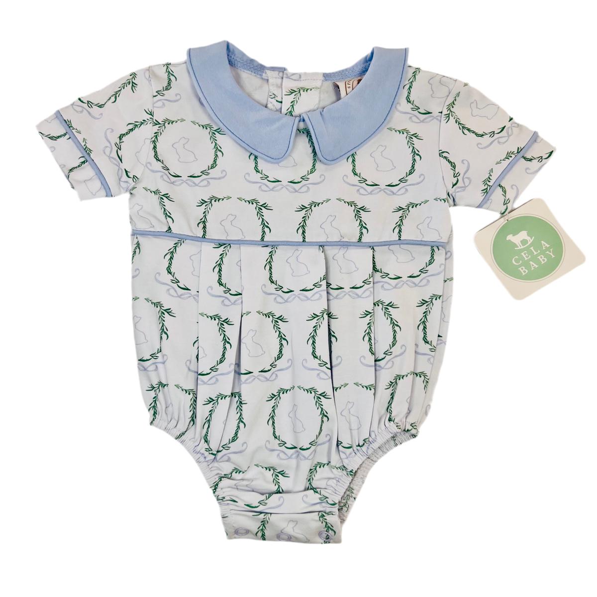 Baby Blue Peter Pan Collar with Bunny & Wreath Design Bubble