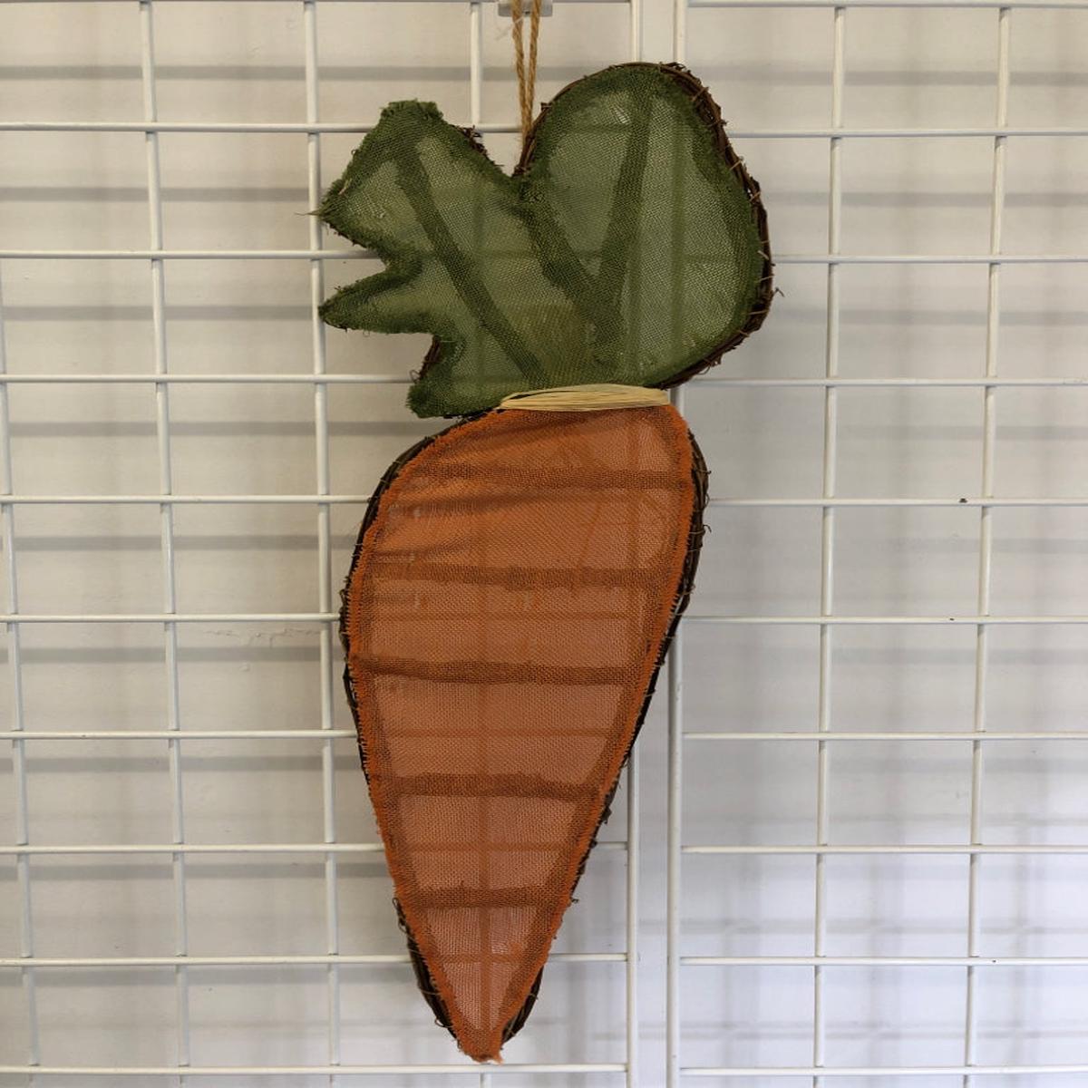 TWIG AND BURLAP CARROT WALL DECOR.