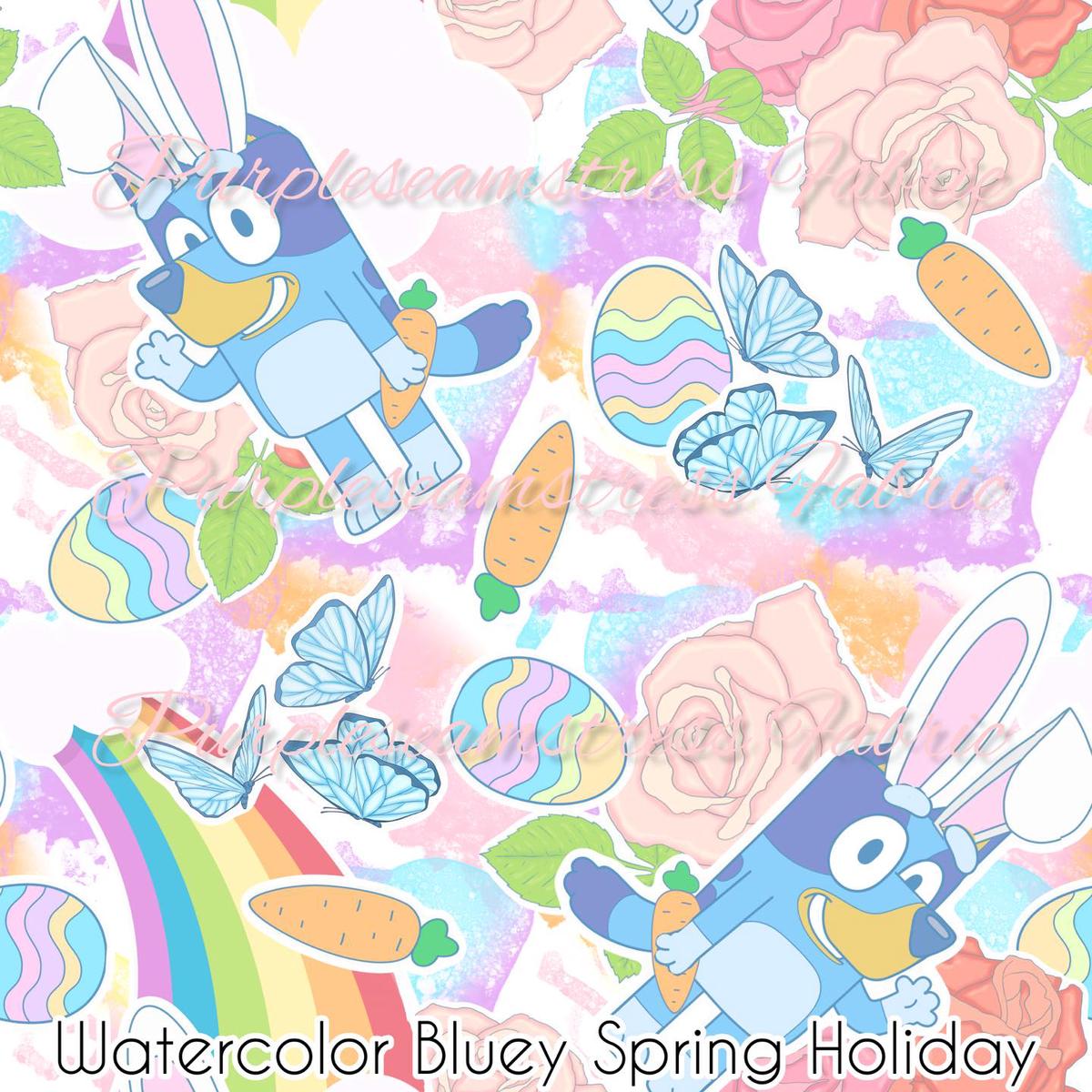 Watercolor Bluey Spring Holiday  Fabric