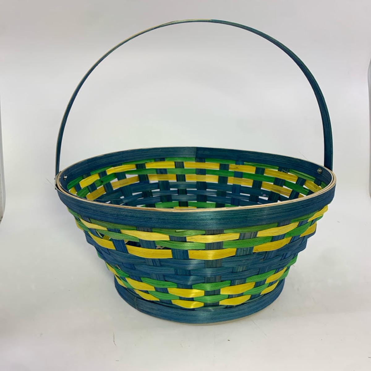 BLUE AND YELLOW ROUND WOVEN BASKET W/HANDLE.