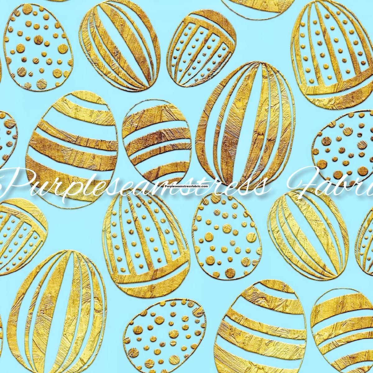 24k Gold Eggs on Blue Easter  Fabric