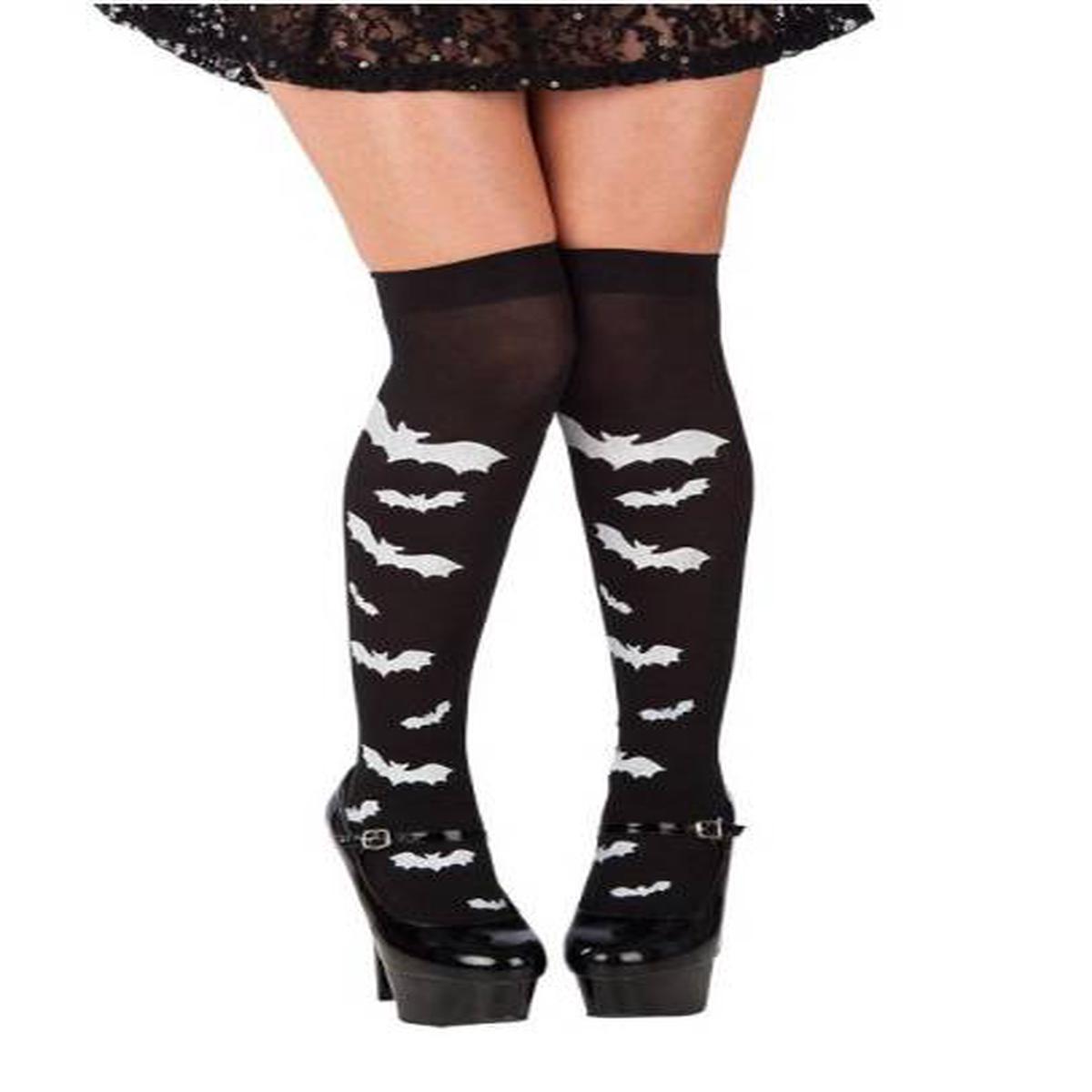 Women's Black Halloween Hold-Up Stockings with Bats - One Size