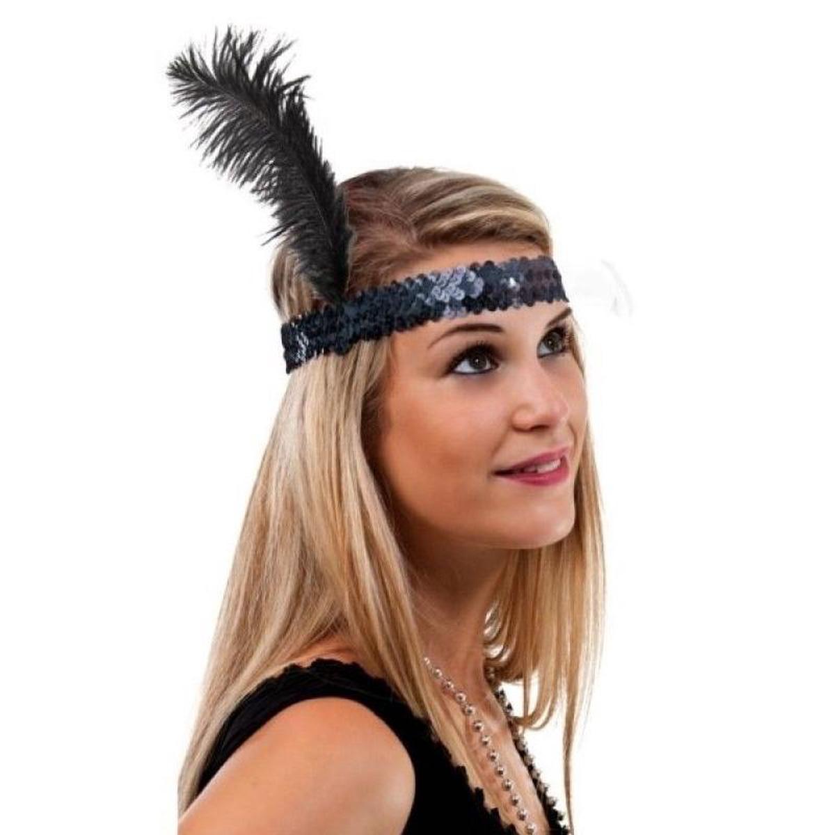 Black Sequin Headband With Feather